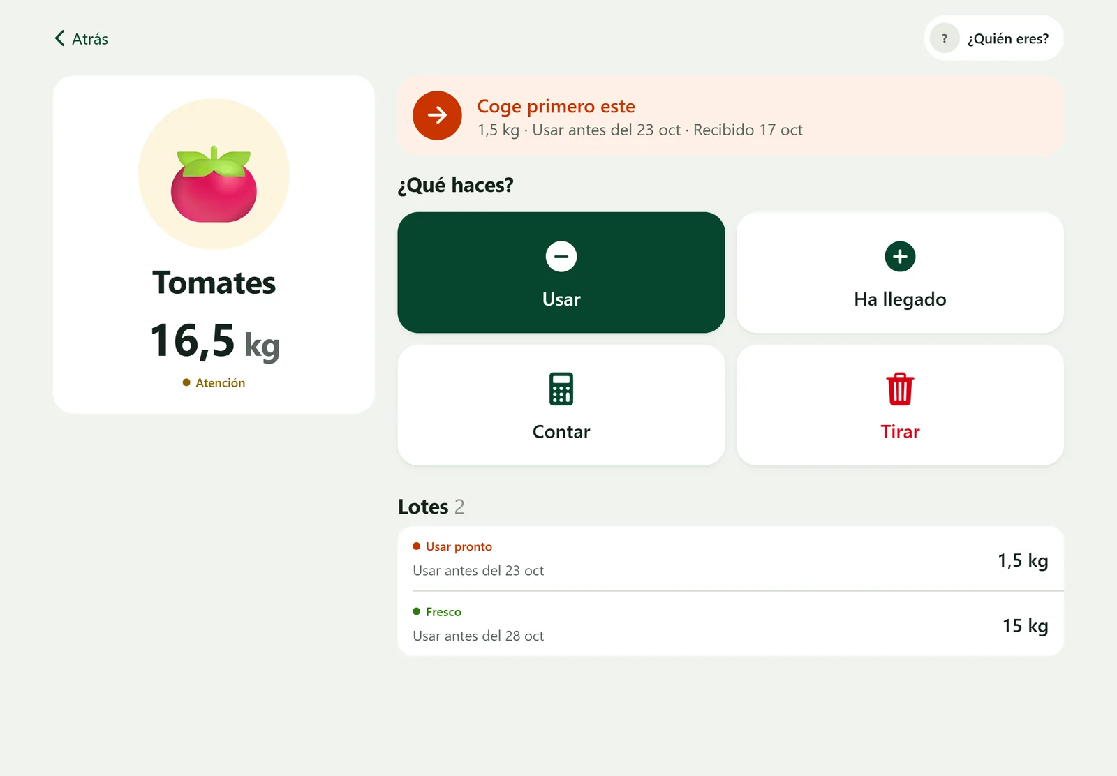 Ficha de un producto en la vista de cocina: coge primero este lote, y botones grandes para usar, entrada, contar y tirar.