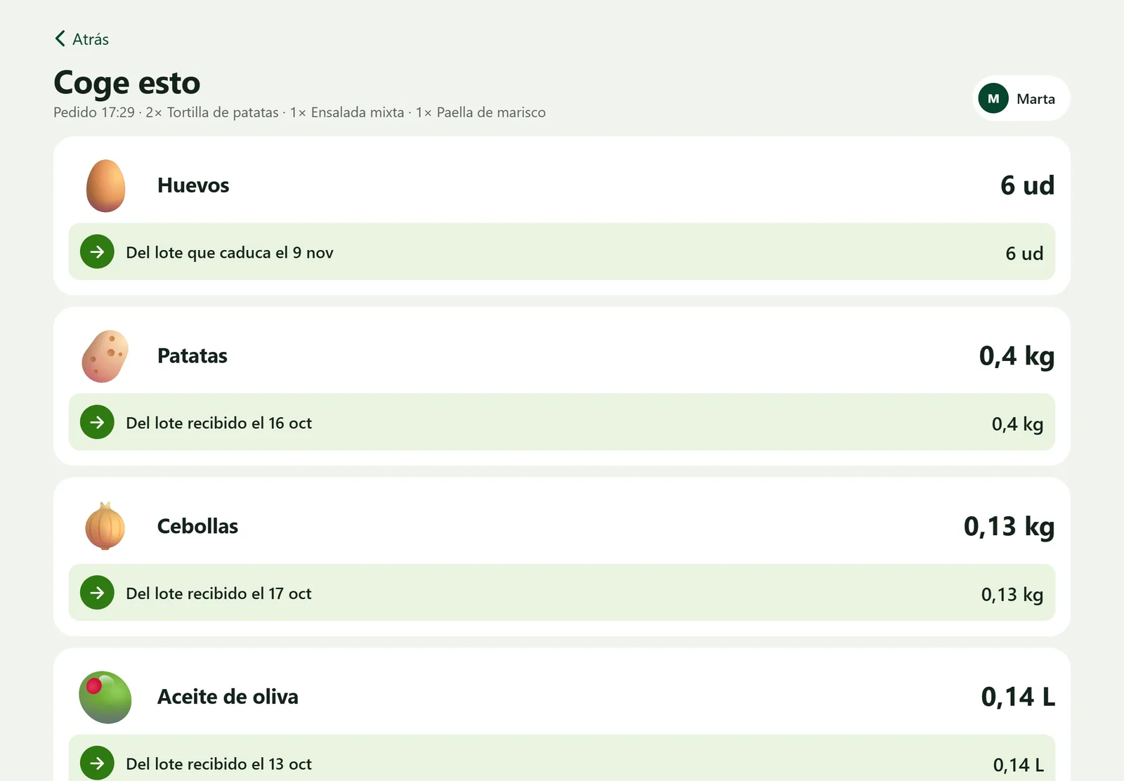 Ticket «Coge esto»: cuánto coger de cada ingrediente y de qué lote.